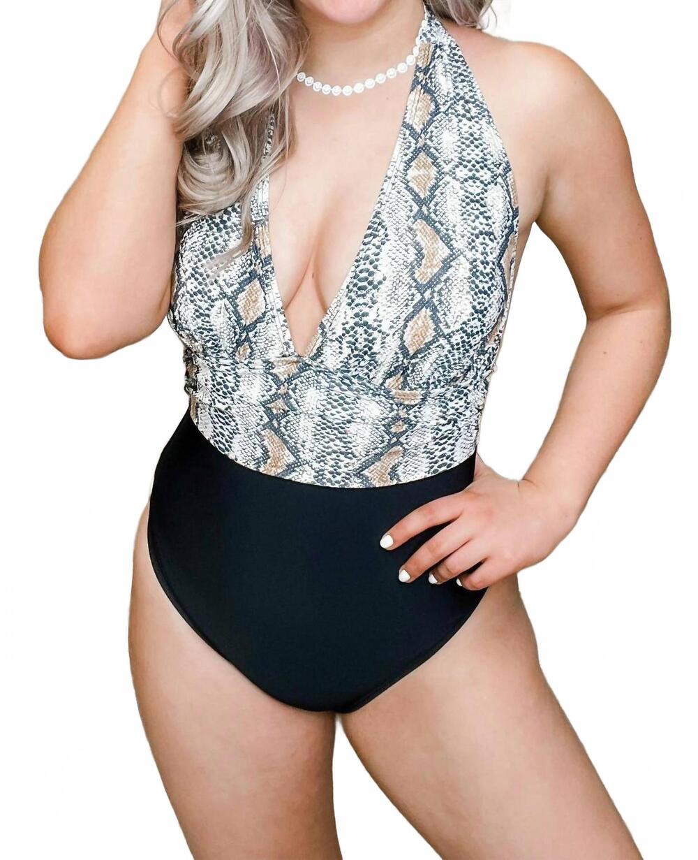 NEW JESS LEA snake-print halter one piece swimsuit in black